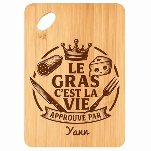 Planche à Découper Yann Gras c'Est la Vie - Plateau Apéro en Bambou Cadeau Gravé pour Homme Cuisine Barbecue