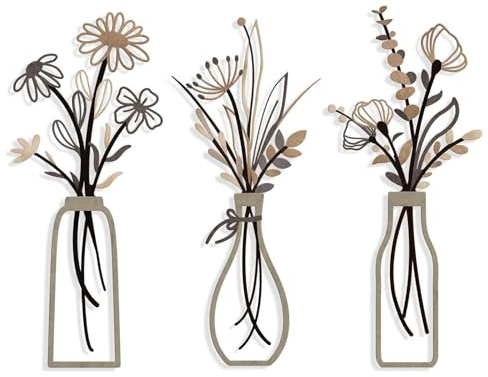 3 Stück Metall Blumen Wanddekoration, Metallblumen Wandskulptur in Vase für Wohnzimmer Schlafzimmer Küche Flur, Metal Flower Wall Art für Badezimmer Modern Esszimmer Balkon Terrasse (braun)