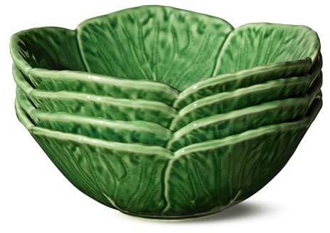 Certified International Le Jardin Green Cabbage 3D CEREAL/SOUP BOWLS, SET Of 4 – 7 Sculpted Green Stoneware Leaf Bowls – Garden-Inspired Stoneware for Breakfast, Snacks & Everyday