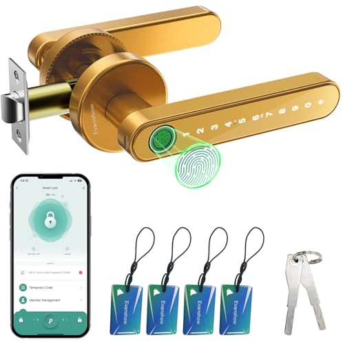 Evanshow Smart Door Lock with Knob, Keyless Entry Door Locks with Handle, Fingerprint Door Knob for Bedroom/Front Door/Apartment,Generate Passcode Gold