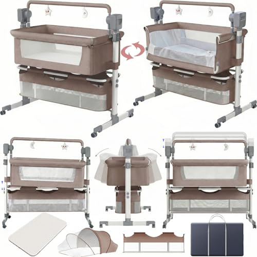 Doraystar Eléctrico Bluetooth Inteligente Cuna Colecho Bebe, Minicuna Colecho Bebe Plegable Convertible, Cuna Next to me con Colchon, Música, 5 Engranajes de Balanceo y Control Remoto (601 Khaki)