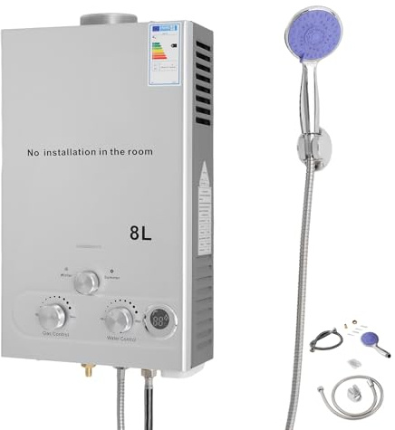 ROGONPDK Chauffe-eau instantané 8L/12L/16L - Montage mural - Avec fonctionnement GPL et pommeau de douche - Chauffe-eau instantané - Pour campings et camping-cars (8 l)