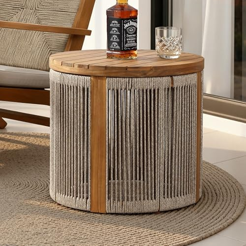 Hometopia Outdoor Couchtisch Rund aus Akazienholz mit Rope-Design, Kleiner Coffee Table Ø48 cm, Boho Wohnzimmertisch & Beistelltisch für Balkon, Terrasse, Garten oder Wohnzimmer