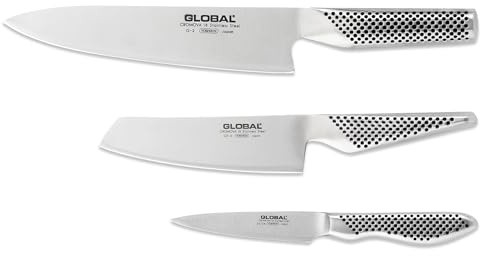 Global 3 Piece Japanese Kitchen Knife Set G-2538: G-2 Chefs Knife, GS-5 Vegetable Chopping Knife, GS-38 Paring Knife/Utility Knife - Stainless Steel Professional Chefs Knife Set, Made in Japan
