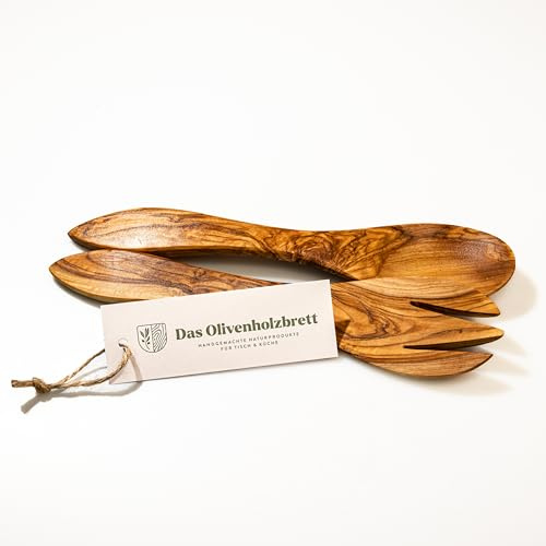 das Olivenholzbrett®Salatbesteck/Servierbesteck/Küchenhelfer 30cm | aus Olivenholz/Salatbesteck Holz/Löffel Gabel Olivenholz 2-teiliges Holzbesteck/Salatgabel/Salatlöffel