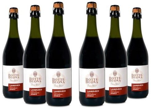 BotteBuona Vino Rosso Frizzante Lambrusco Emilia IGT, Gusto Pieno, 8% Vol, Confezione con 6 Bottiglie da 750 ml