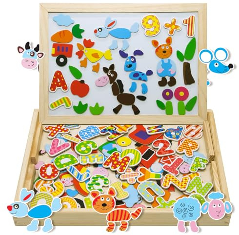 Uping magnetisches Holzpuzzle Staffelei doppelseitige Tafel Holzbrett Doodle 155 Stücke für Kinder ab 3 Jahre Bauernhof