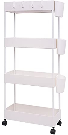 BOMKEE Chariot de Rangement Coulissant à 4 Étages - Chariot Utilitaire sur Roulettes pour Cuisine, Salle de Bain, Buanderie, Bureau - Blanc 01