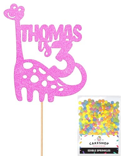 Personalised Birthday Dinosaur Glitter Cake Topper- Light Pink Any Name & Age Glitter Cake Decoration and Sprinkles - Happy Birthday Decorations - Personalised Toppers for Cakes by Cakeshop