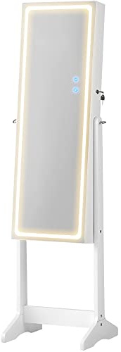 SONGMICS Armoire à Bijoux, Miroir sur Pieds, Lumières LED à 3 Couleurs et Intensité Réglable, Rangement Accessoire, Miroir sans Cadre, Miroir Intérieur avec Lumières, Blanc JJC012W01