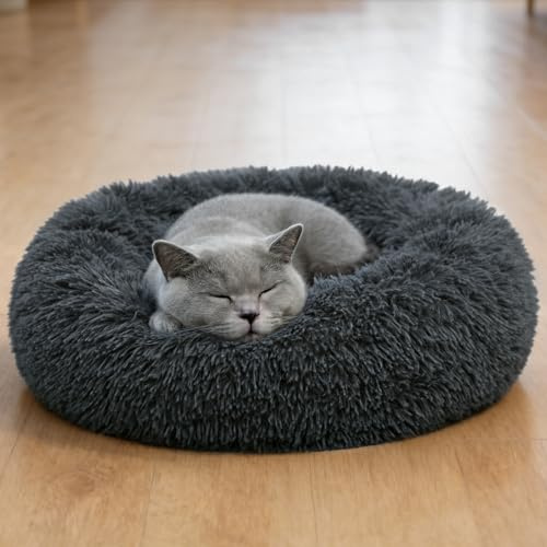 Rund hundkorg, kattkudde, mjuk kattkorg, lugnande kattkudde, rund och plysch tvättbar hundsäng (50 cm mörkgrå)