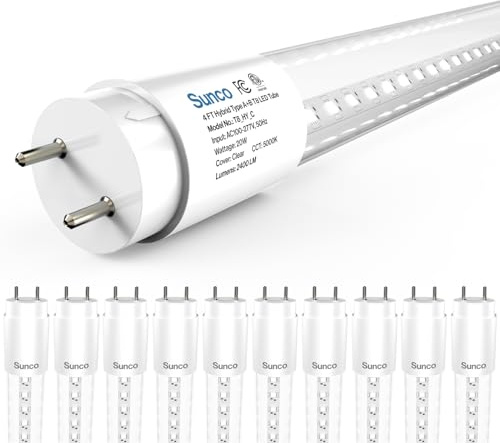Sunco 10 Pack T8 LED Bulbs 4 Foot, 48 Inch Tube Light Bulbs Fluorescent Replacement, Single or Double Ended Hybrid Type A+B, 2400 LM, 20W, 5000K Daylight, Clear Lens ETL