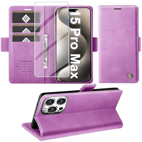Giyer Handyhülle für iPhone 15 Pro Max Hülle mit Schutzfolie, Standfunktion Kartenfach Wallet Premium Leder Schutzhülle für iPhone 15 Pro Max 5G 2023 Flip Case Cover Tache Stoßfeste Klapphülle (Lila)