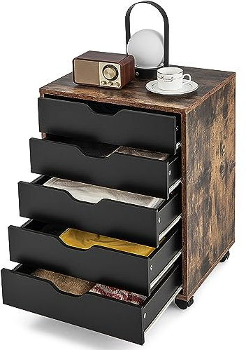 SFAREST Mobile File Cabinet, Lateral Stationery Vertical Rolling Filing Cabinet with Lockable Wheels, Wooden Under Desk Storage Cabinets for Home Office (Industrial, 5 Drawers)