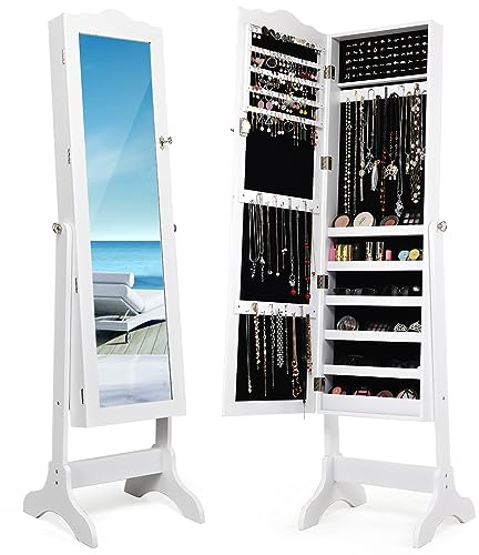 RELAX4LIFE Schmuckschrank mit Ganzkörperspiegel, Spiegelschrank Kippbar & Stehend, Schmuckorganizer mit Schloss, Schmuckaufbewahrung für Ohrringe & Armband & Kette & Ringe & Kosmetik, Weiß