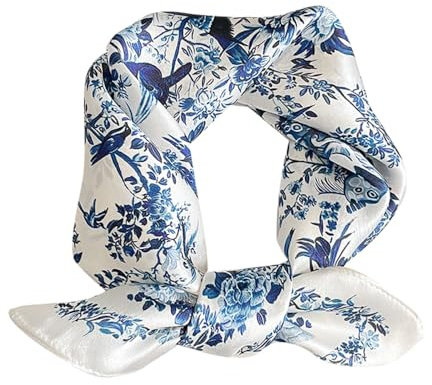 MEISEE 100% Mulberry Silk Scarfs Small Square Scarf 21 x 21 Neck Scarf Breathable Lightweight for Women Gift Packed (23-Blue White Flowers)