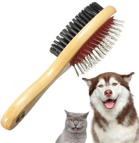 Dog Brush Double Sided Wooden Dog Brushes for Grooming Cleaning & Messaging 2 in 1 Pin & Bristle Soft Pet Hair Brushes for Dogs & Cat Long or Short Haired-Model ‎DCB01
