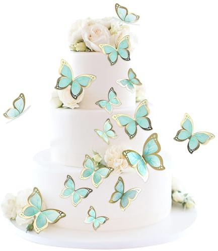 Blumomon 30 decorazioni 3D per torta a forma di farfalla, bordo verde e oro, dimensioni miste, decorazioni per cupcake, matrimoni, baby shower, matrimoni, anniversari, feste di compleanno, cupcake