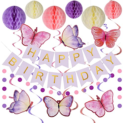 Purple Birthday Decorations - Happy Birthday Banner with 16pcs Butterflies Hanging Swirl Streamers, 12pcs Honeycomb Balls, Circle Dots Garland - Birthday Party Decorations for Women Girls