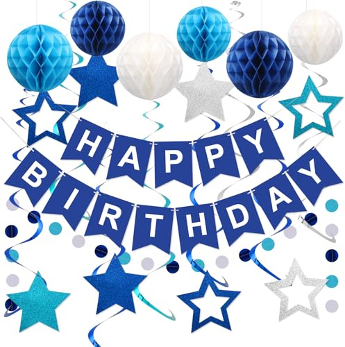 Blue Birthday Decoration, Navy Blue Happy Birthday Banner with Honeycomb Ball, Star Hanging Swirl Streamer, Circle Dot Garland Decroations, Birthday Party Decorations for Men Boys Women