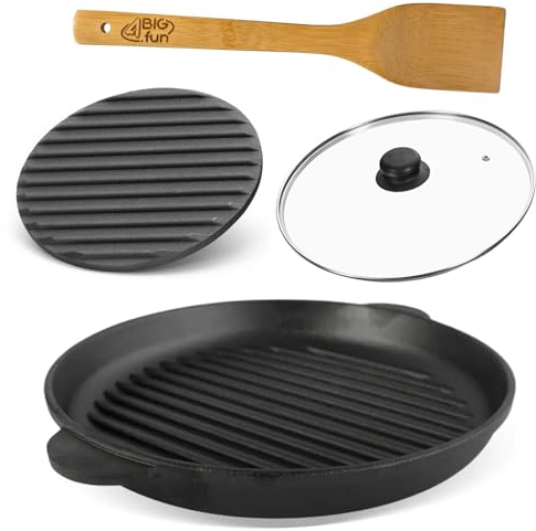 4BIG.fun Sartén de hierro fundido de 28 cm de diámetro con tapa de presión, espátula de cristal, 2 asas, sartén para servir, parrilla