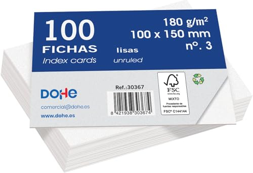 Dohe Glatte Karteikarten aus Karton, 100 Stück, Notizkarten, Größe A6 (15 x 10 cm), 180 g/m², Nr. 3, Büromaterial, Weiß