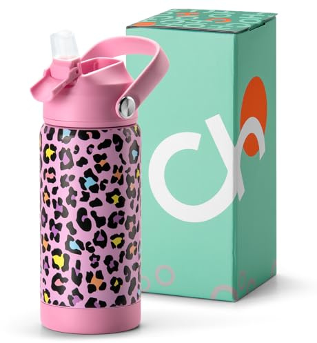 Choco Mocha Trinkflasche Kinder mit Strohhalm für Mädchen, Thermosflasche Kinder, Wasserflaschen für Schule 400ml, Auslaufsichere, BPA frei, Rosa Leopard
