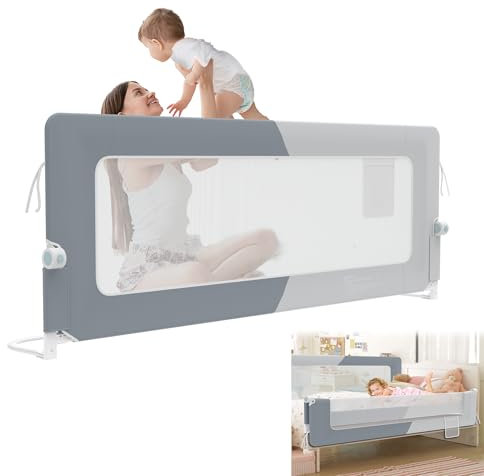YRHome 200cm Bettgitter Rausfallschutz klappbar 180 Grad drehbar Bettschutzgitter für Kleinkinder luftiges Netz, Höhenverstellbar Rausfallschutz Bett für Kinderbett, Elternbett (Dunkelgrau+Hellgrau)