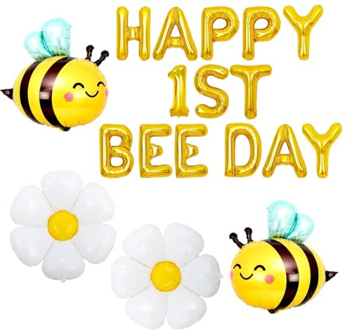 Wxgoqrcn Bienen Deko Geburtstag Set mit Blumen, Bienen Happy Bee Day Ballon | 2 Bienenförmige, 2 Blumenförmige,Einfach zu Bedienen,Geburtstagsdeko 1 Jahr,für Geburtstages
