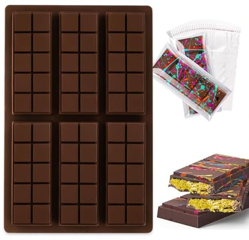 Kabwea 6 Kavitäten Schokoladenriegelform Tief Mit 100pcs Beutel, Schokoladenform, Schokoladenform Silikon, Schokoladenform Tief, Silikonform Schokolade (10 Snap)
