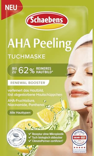 Schaebens AHA Peeling Maschera in panno – Renewal Booster, affina la pelle, scioglie le cellule morte della pelle con acido fruttifero AHA, niacinamide e pantenolo per tutti i tipi di pelle