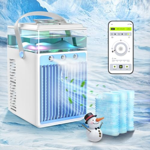 Refroidisseur d'air Portable, 4 en 1 Rechargeable Mini Climatiseur Portable avec 6 Bacs à Glace, Climatiseur Mobile via App Contrôle pour Bureau, Tente, Chambre à Coucher