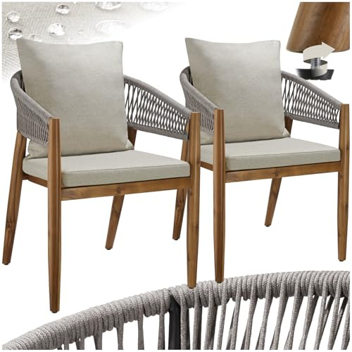 tectake® Gartenmöbel Set, Gartenstuhl Holz Rope Design, Balkon Sessel, Outdoor Möbel, Gartenstühle, Balkonmöbel, Terrassenmöbel, Wintergarten, Sitzgruppe Outdoor, Balkonstühle - Greige, 2er Set | Durchgehende Arm- und Rückenlehne, 120 kg Belastbarkeit, extradicke Polsterung, abnehmbare waschbare Bezüge, graubeige
