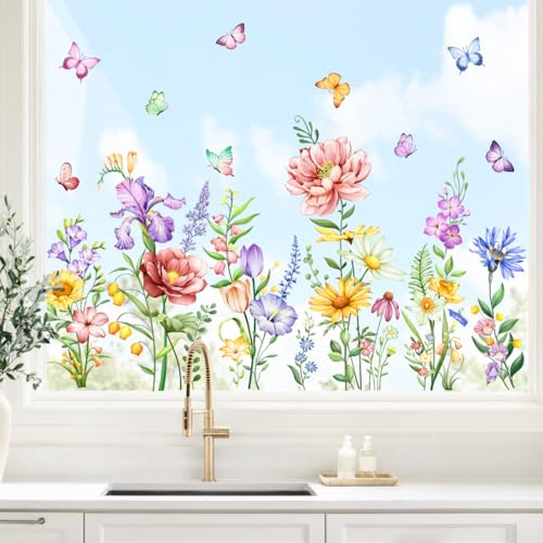 Supzone Fensterbilder Wildblumen Fensteraufkleber Frühling Sommer Schmetterling Blumen Statisch Haftende Fenstersticker Selbstklebend Fensterfolie Glastüren Fensterdeko Aufkleber