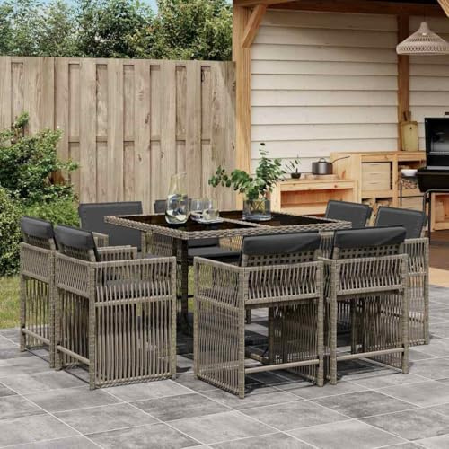 Emmtore 9-TLG. Garten-Essgruppe mit Kissen Gartenmöbel Set Tisch Gartengarnitur mit Kissen, Sitzgruppe Essgarnitur Terrasse, Grau Poly Rattan