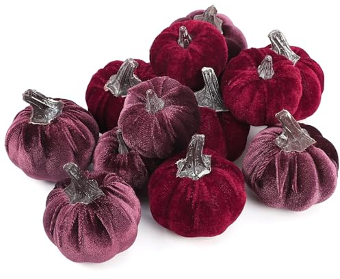 LEUCHTAMOR 12pcs Artificial Fabric Pumpkins 2 Sizes Fake Velvet Pumpkin Fall Harvest Pumpkins for Halloween Autumn Harvest Festival Home Table Decor (Burgundy/Purple)