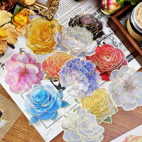 Holographische Blumen-Aufkleber Set (128 Stück) – Vintage Goldfolie & Wasserfest – Premium Scrapbook Sticker, Journaling Sticker für Tagebücher, Fotoalben & Basteln Erwachsene