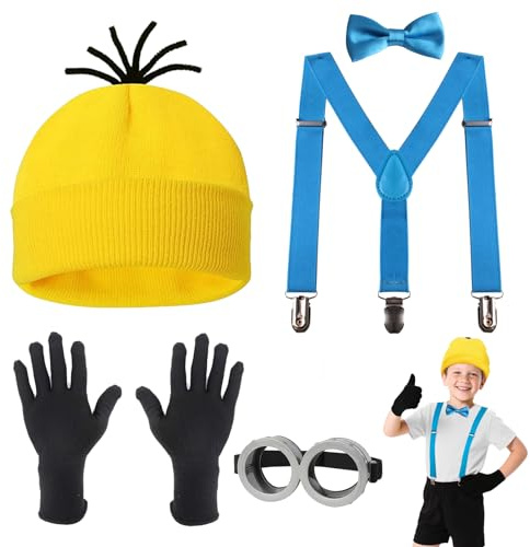 AffeGifts Deguisement Minion Enfant, Costume Minion Enfant Ensemble de Costume Jaune Incluant des Lunettes Steampunk Lunettes Chapeaux en Tricot de Bonnet Gants Noirs pour Halloween Costume Cosplay