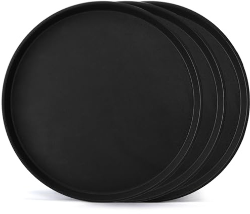 TOPZEA 3 Pack Large Restaurant Serving Tray, 18 Inch Plastic Black Round Server Tray, Non-Slip Rubber Lined Bar Drink Trays Cafeteria Buffet Food Service Trays for Coffee Table, Kitchen, Party