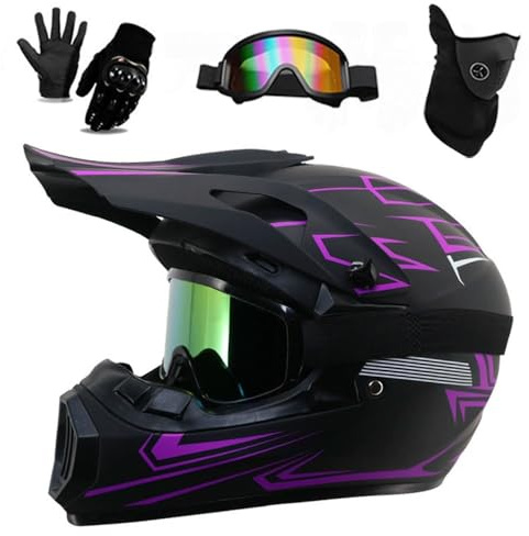 Casco de Motocicleta EléCtrica Todoterreno, para NiñOs Y NiñAs, Quads, BMX, MTB, ATV, Todoterreno, con Gafas, Guantes Y Mascarilla, Aprobado por Dot(226 Purple Phantom,M(56-57CM))