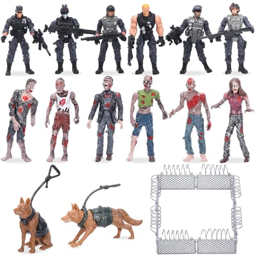 Skylety 18 Stück Militär Figuren & Zombies Set - 6 Soldaten Modelle Spezialeinheit, 6 Zombies, 2 Polizeihunde & Zaun - Detailreiche PVC Modelle für Sammlung, Dioramen & Themen-Deko
