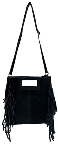 Sac à main en daim avec franges - Fabriqué en Italie - Sac à bandoulière en cuir rugueux - Disponible en deux variantes, 26x22x4 cm