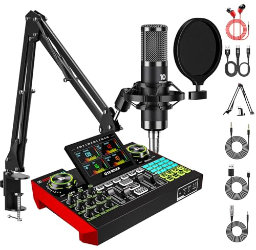 Paquete de equipos de podcast con tarjeta de sonido en vivo: incluye mezclador de audio G10, micrófono de condensador de 3.5 mm, perfecto para transmisión en vivo de PC y smartphone, juegos, podcast y
