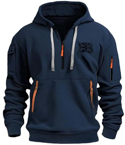Hoodies for Men UK, British Flag Printing Quarter Zip Up Sweatshirt Warm Neck, Long Sleeve Casual Fleece Jumpers, Casual Fashion Gym Tops