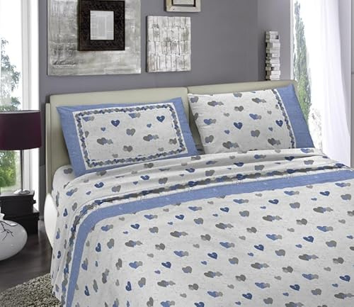 Tata Home Completo Letto Flanella Set Lenzuola Morbido Caldo Cotone Felpato Invernale Antipilling Fantasia (Dis.15 Cuori Azzurro, Piazza Mezza)