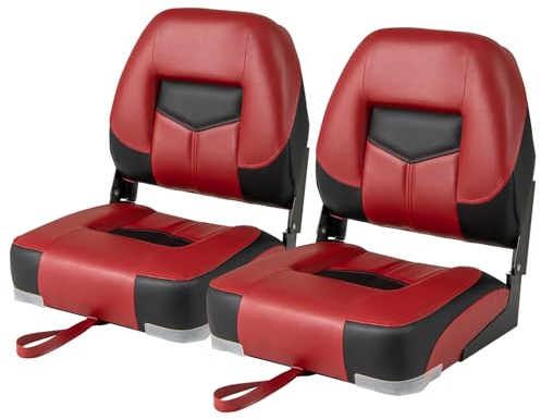 GOPLUS Juego de 2 Asientos de Barco, Silla Plegable para Barco Impermeable, Asiento Yate Ergonómico con Correas y Tornillos de Fijación, 42 x 50 x 52 cm, para Pesca (Rojo+Negro)