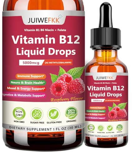 Liquid Vitamin B12 Drops 5000 mcg - Extra Strength B12 Methylcobalamin with B1 B6 B3 Folate Niacin - Fast Absorption Sublingual B-12 Drops for Energy Metabolism & Brain Function, Vegan B Complex