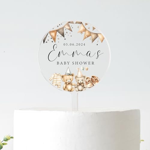 Personalised Teddy Bear Baby Shower Cake Topper | Custom Name & Date | Frosted Acrylic (BLACK TEXT, 12CM)