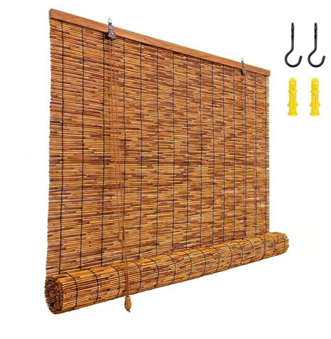 Outdoor Bamboo Roller Blinds Waterproof, Natural Reed Roman Shades Roll Up Sun Block, Custom 40-180cm Wide, Anti-UV Privacy Screen for Patio Porch Pergola Kitchen