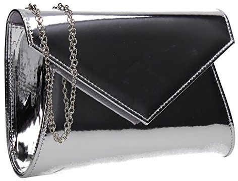 SwankySwans Lenny Metallic Envelope Patent Leather Womens Party Prom Wedding Ladies Clutch Bag - Silver